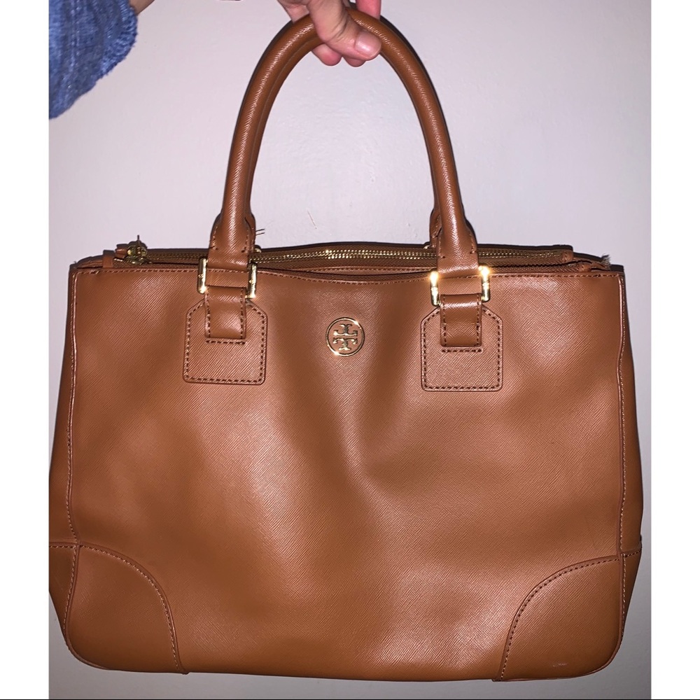 Tory Burch double zip camel handbag